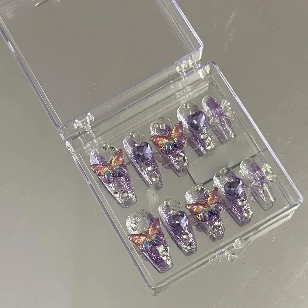 10 Pieces Purple Fantasy Butterfly Fake Nails Heart Diamond Sparkling