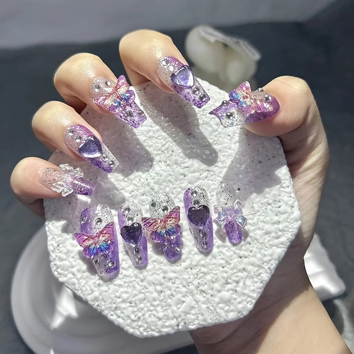 10 Pieces Purple Fantasy Butterfly Fake Nails Heart Diamond Sparkling