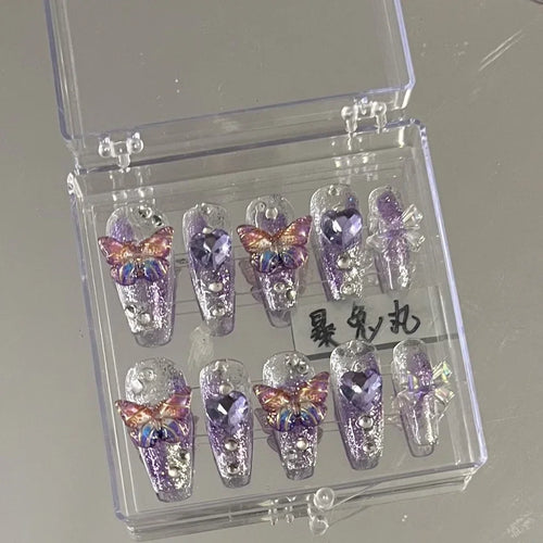 10 Pieces Purple Fantasy Butterfly Fake Nails Heart Diamond Sparkling