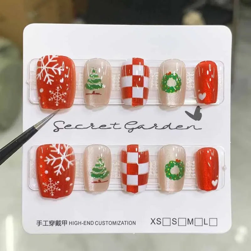 10Pcs Christmas Short Style Press on Nails Snowflake Milu Deer