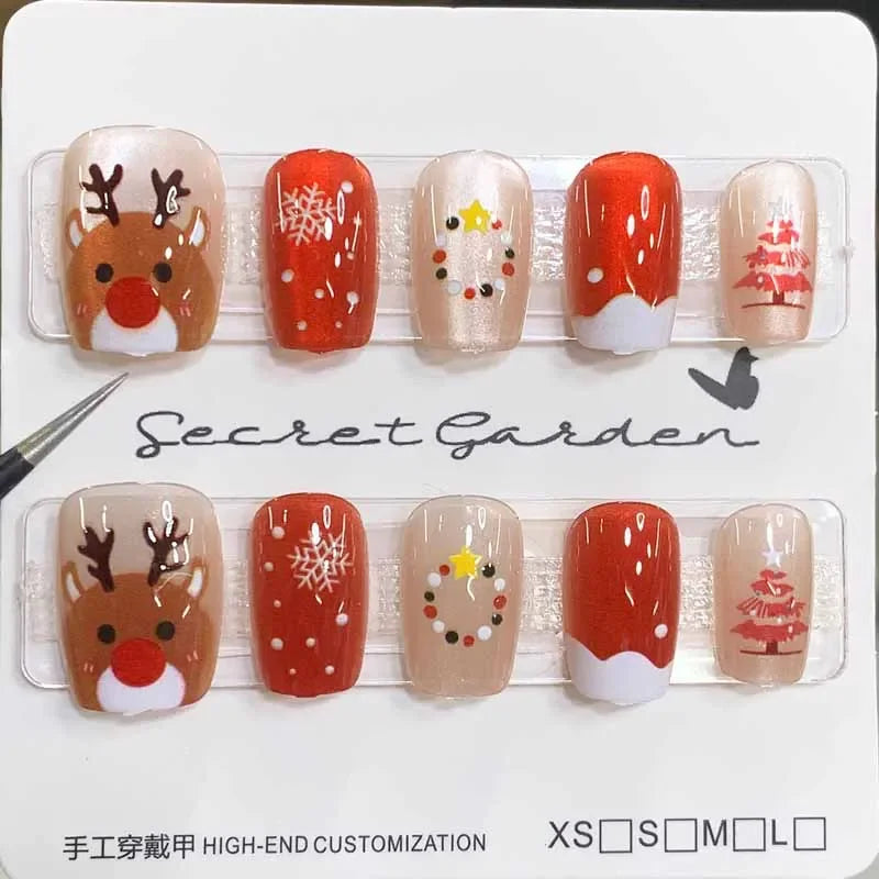 10Pcs Christmas Short Style Press on Nails Snowflake Milu Deer