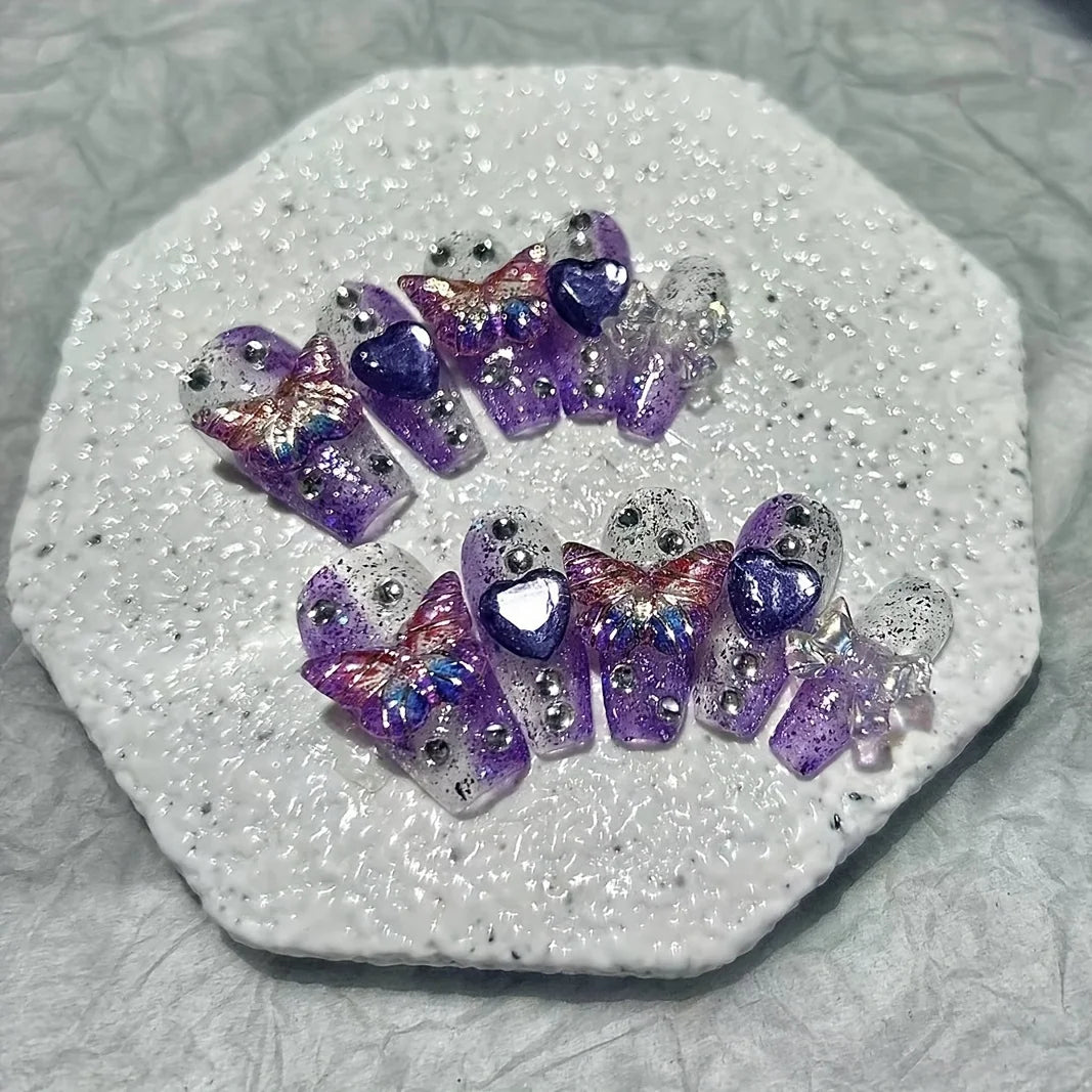 10 Pieces Purple Fantasy Butterfly Fake Nails Heart Diamond Sparkling