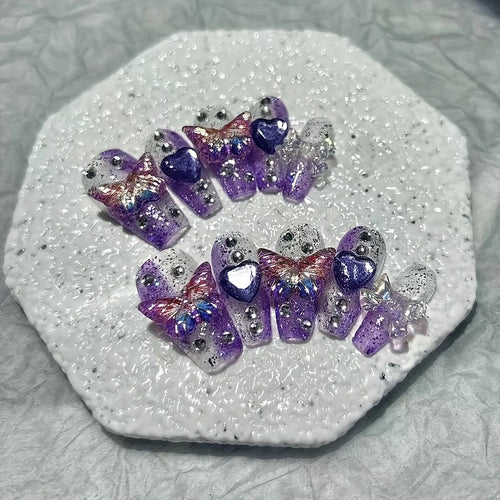 10 Pieces Purple Fantasy Butterfly Fake Nails Heart Diamond Sparkling