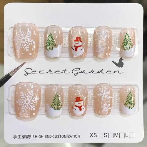 10Pcs Christmas Short Style Press on Nails Snowflake Milu Deer