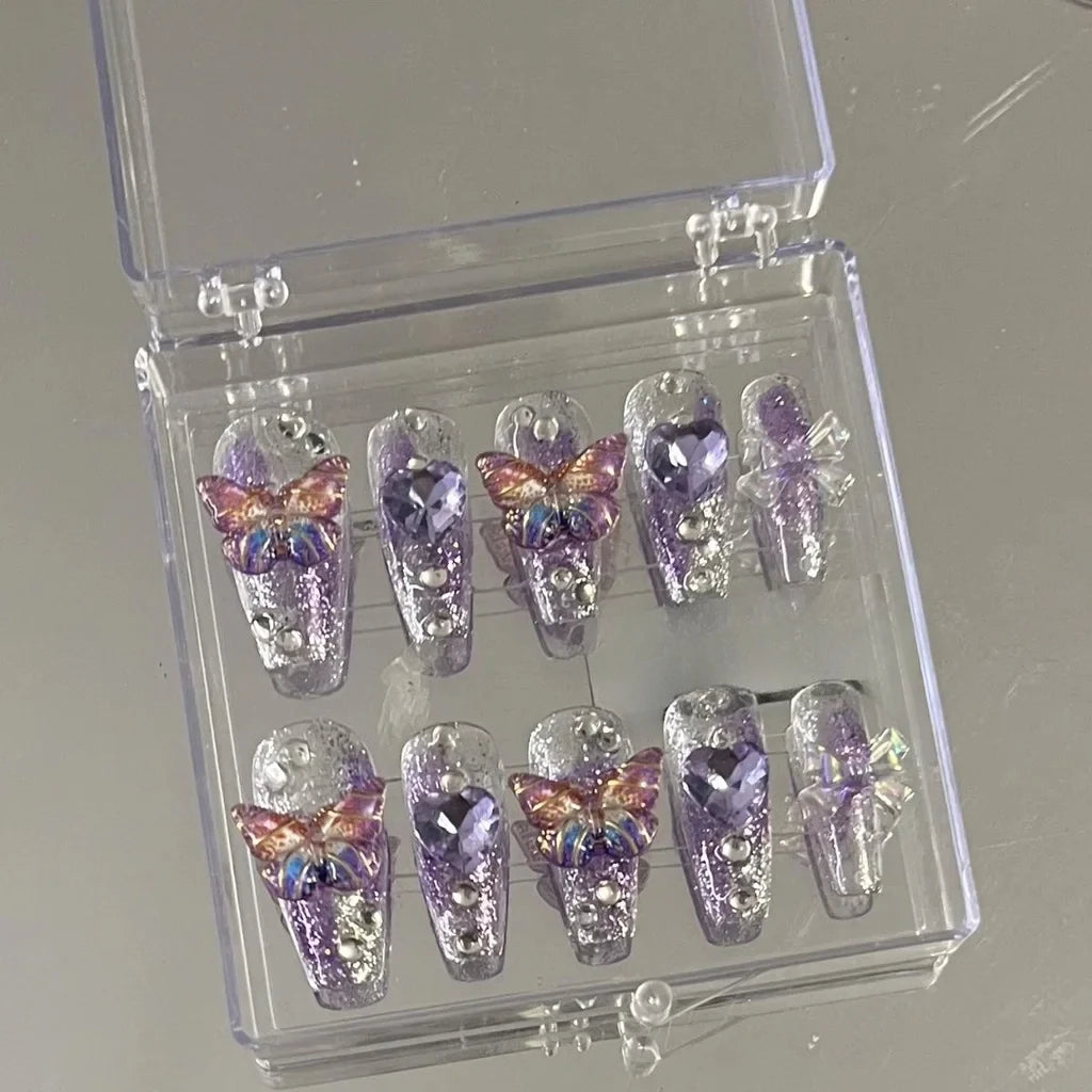 10 Pieces Purple Fantasy Butterfly Fake Nails Heart Diamond Sparkling