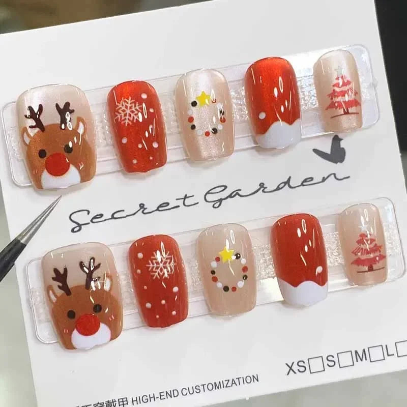10Pcs Christmas Short Style Press on Nails Snowflake Milu Deer