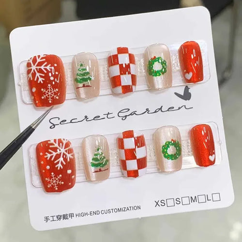 10Pcs Christmas Short Style Press on Nails Snowflake Milu Deer